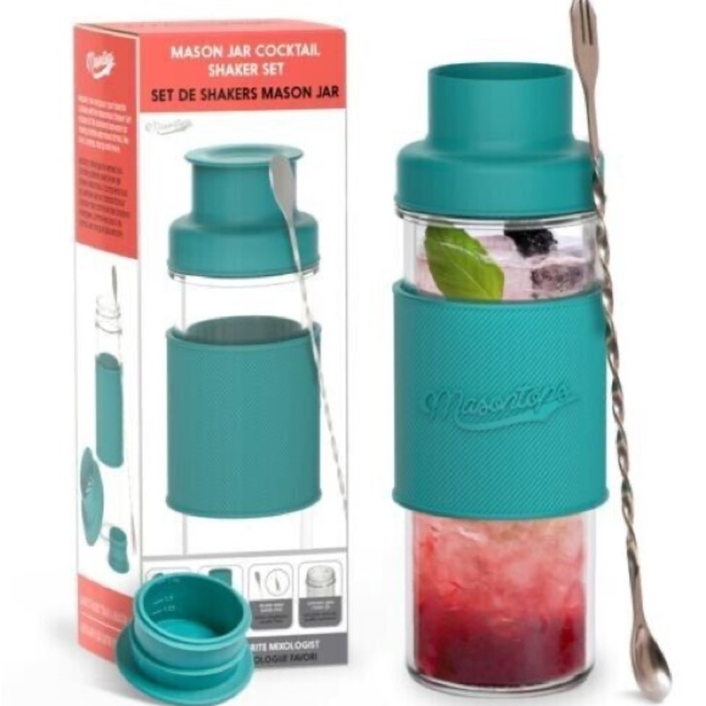 Masontops Cocktail Shaker Kit, Glass Mason Jar, Swizzle Stick, 4 PC Set, Teal